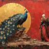 René gers de la Corte的《骑士与孔雀》，来自童话系列，采用机械现实主义风格、烧伤琼斯风格、浅红色和黄色、超详细的插图、叙事镶板、动作画、Tondo --ar 10：7 --s 750