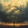 一个站在愤怒的云下的男人，以末日艺术的风格，奇妙的风景，壮观的背景，精神象征主义，魔法波，大型帆布画，--ar 128：89
