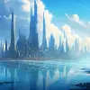 未来的蓝色和青色城市景观，带有约翰·伯基（John Berkey）风格的高塔--v 5.2 --ar 128：91