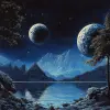 a painting is in the mountains and showing the moon and water, in the style of brian bolland, mysterious jungle, luminous spheres, dark blue and dark black, vladimir kush, photo taken with ektachrome 