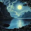 一幅画在山上，以布莱恩·博兰（Brian bolland）的风格展示月亮和水，神秘的丛林，发光球体，深蓝色和深蓝色，弗拉科库什，用ektachrome拍摄的照片--ar 80：57