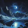 a painting is in the mountains and showing the moon and water, in the style of brian bolland, mysterious jungle, luminous spheres, dark blue and dark black, vladimir kush, photo taken with ektachrome 