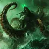 海洋之神，骑在章鱼怪物身上，在暴风雨的水中从王座上升起，弗兰克·弗雷泽塔和莫比乌斯风格的黑暗奇幻艺术品，绿光--v 6.0 --ar 32：21