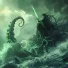 海洋之神，骑在章鱼怪物身上，在暴风雨的水中从王座上升起，弗兰克·弗雷泽塔和莫比乌斯风格的黑暗奇幻艺术品，绿光--v 6.0 --ar 32：21