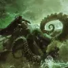 海洋之神，骑在章鱼怪物身上，在暴风雨的水中从王座上升起，弗兰克·弗雷泽塔和莫比乌斯风格的黑暗奇幻艺术品，绿光--v 6.0 --ar 32：21