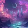以抽象的风格生成令人惊叹的科幻景观图像，超越想象。上面的天空是一幅色彩旋转的画布，紫色、靛蓝和青色的充满活力的色调以复杂的图案跳舞。月亮悬挂在天空中，投射出超凡脱俗的光芒，将风景沐浴在空灵的光芒中。远处，高耸的水晶结构刺穿天空，它们的表面闪烁着彩虹般的光泽。这些结构居住着神秘的文明，发光的路径像天空中错综复杂的蜘蛛网一样将它们连接起来。大气层充满了一种奇妙和发现的感觉，仿佛这片风景的每一个元素都蕴