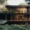 一座现代住宅，夏日灯光明亮，采用深色反射风格，分层丰富，喜怒无常的配色方案，玻璃般的半透明，8 k，广阔的空间，深色的色调--ar 128：85