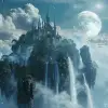 3D幻想世界，具有神奇的城堡、云和瀑布、通往月亮的楼梯、树木、照片逼真、高分辨率、超详细摄影，--ar 3：2 --v 6.0
