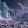 外星太阳光芒下的冰冷景观，冰冻的山脉和岩石地形。天空晴朗，背景中有遥远的星系。场景的一侧形成了一堵巨大的冰墙，而另一堵较小的冰墙则漂浮在附近。与其寒冷的外表形成鲜明对比，它的内部发出温暖的光芒，在周围投射出长长的阴影。采用Gabriele Dell otto的风格--ar 8：5 --v 6.0
