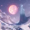 外星太阳光芒下的冰冷景观，冰冻的山脉和岩石地形。天空晴朗，背景中有遥远的星系。场景的一侧形成了一堵巨大的冰墙，而另一堵较小的冰墙则漂浮在附近。与其寒冷的外表形成鲜明对比，它的内部发出温暖的光芒，在周围投射出长长的阴影。以Gabriele Dell Otto的风格--ar 8：5