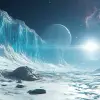 An icy landscape under the glow of an alien sun, with frozen mountains and rocky terrain. The sky is clear, showing distant galaxies in the background. A giant ice wall forms on one side of the scene,