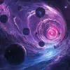 一个拥有蓝色水、一颗红星和许多行星的银河系，以数字幻想nubelas和宇宙的风格，浅黑色和紫色，现实的nubelas绘画，詹姆斯·帕克，史蒂夫·亨德森，ue 5，宇宙恐怖--ar 8：5