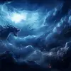 漆黑的夜空，背景是厚厚的云层和星星。主要焦点是这些大型云层之一，它已被风格化，类似于古代龙。天空中看不到月亮或其他天体。这个场景传达了神秘和魔力，来自遥远星系的深蓝色光芒为夜间景观增添了深度和对比。--ar 8：5 --v 5.2 --原始风格