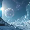 外星太阳光芒下的冰冷景观，冰冻的山脉和岩石地形。天空晴朗，背景中有遥远的星系。场景的一侧形成了一堵巨大的冰墙，而另一堵较小的冰墙则漂浮在附近。与其寒冷的外表形成鲜明对比，它的内部发出温暖的光芒，在周围投射出长长的阴影。以Gabriele Dell Otto的风格--ar 8：5