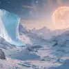 外星太阳光芒下的冰冷景观，冰冻的山脉和岩石地形。天空晴朗，背景中有遥远的星系。场景的一侧形成了一堵巨大的冰墙，而另一堵较小的冰墙则漂浮在附近。与其寒冷的外表形成鲜明对比，它的内部发出温暖的光芒，在周围投射出长长的阴影。以Gabriele Dell Otto的风格--ar 8：5