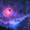 一个拥有蓝色水、一颗红星和许多行星的银河系，以数字幻想nubelas和宇宙的风格，浅黑色和紫色，现实的nubelas绘画，詹姆斯·帕克，史蒂夫·亨德森，ue 5，宇宙恐怖--ar 8：5