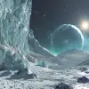 外星太阳光芒下的冰冷景观，冰冻的山脉和岩石地形。天空晴朗，背景中有遥远的星系。场景的一侧形成了一堵巨大的冰墙，而另一堵较小的冰墙则漂浮在附近。与其寒冷的外表形成鲜明对比，它的内部发出温暖的光芒，在周围投射出长长的阴影。采用Gabriele Dell otto的风格--ar 8：5 --v 6.0