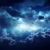 漆黑的夜空，背景是厚厚的云层和星星。主要焦点是这些大型云层之一，它已被风格化，类似于古代龙。天空中看不到月亮或其他天体。这个场景传达了神秘和魔力，来自遥远星系的深蓝色光芒为夜间景观增添了深度和对比。--ar 8：5 --v 5.2 --原始风格