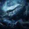 A dark night sky with thick, dense clouds and stars in the background. The main focus is on one of these large cloud formations that has been stylized to resemble an ancient dragon. There's no moo