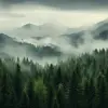 云雾弥漫的森林，极简主义画布风格，逼真的风景，国家地理照片，超高清图像，密集图案图像，深灰色和绿色，朴实的自然主义，摄影，大气云--ar 16：9 --v 5.2