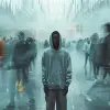 摄影，前视图，一个捕捉城市喧嚣本质的艺术形象，一个专注的女性职业模特一动不动地站着，周围是多个从他身边走过的模糊动作，创造出一种运动感，主模特穿着灰色宽松T恤和牛仔慢跑裤搭配黄色滑板鞋，副模特穿着宽松的连帽衫和慢跑裤搭配运动鞋，二手相机为索尼阿尔法9 II，配备索尼FE 100- 400 mm f/4.5-5.6 GM OSS镜头，背景是一个开放、极简主义的空间，柔和的间接灯光和强调运动模糊的中性