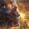 星际虚空史诗：造物主是一位面容充满银河系的神，仅凭一个手势就创造了天体，与毁灭者形成鲜明对比，毁灭者的脸是一张充满信息的画布，导致恒星熄灭。他们的冲突是宇宙力量的戏剧性展示，星系在他们的战斗中出现和消失-v6.0-风格原始-ar 16：9
