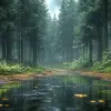 美丽的森林，树木高大，树叶繁茂，轻柔的雨水飘落在树叶和森林地面上，倒映着树木和天空的水坑，蜿蜒穿过森林的土路，宁静宁静的氛围，夜晚，光线，高品质，极其细致的CG Unity 8 k壁纸，油画风格，屡获殊荣的摄影，与散景，景深，HDR，绽放，色像差，复杂且高度详细的立体照明、深度、氛围，--ar 16：9 --s 1000