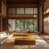 安藤忠雄（Tadao Ando），采用传统设计和木制内饰的住宅，温馨而迷人，由Shawn Heinrichs拍摄。棕色、米色和奶油色，错综复杂，华丽--ar 16：9 --c2--s 90