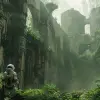 赛博朋克城堡废墟在广阔的山谷中被野生植被覆盖，一群穿着宇航员服的探险家在那里进行调查，电影般的、尖锐的焦点，--ar 16：9 --v6
