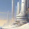  外星太空港顶部的大型银色塔楼，由Ralph McQuarrie绘制，风格为John Berkey -ar 128：45 -v 5.2 -原始风格