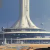  外星太空港顶部的大型银色塔楼，由Ralph McQuarrie绘制，风格为John Berkey -ar 128：45 -v 5.2 -原始风格