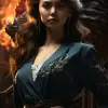 美丽的女士站在喷水的龙前，工笔风格，神秘的背景，虚幻引擎5，流畅的曲线，逼真的--ar 61：128 --s 750 --v 5.2