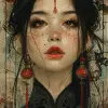 A painting of an Asian woman, in the style of precisionist art, meticulous design, highly detailed illustrations, dark turquoise and red, rusty debris, eye-catching tags, flickr --ar 1:2 --stylize 750