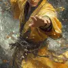 中国古代一位黑发、身穿黄色汉服的年轻武士在大雨中在海上作战，右手高举阻挡进攻，背景以乌云和强风为特色，营造出逼真的环境--ar 1：2 --styleston 750