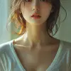 photo of an Asian girl with short hair wearing a v-neck t-shirt, kPop style, neutral background to highlight her facial features, a medium-length straight hairstyle, a side parting, no distortion or b