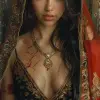painting of a beautiful woman, in the style of realistic fantasy artwork, orientalism, crimson and bronze, ravencore, indian pop culture, women artists, paleocore --ar 1:2 --stylize 750 --v 6