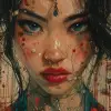 一幅亚洲女人的画作，严谨主义艺术风格，细致的设计，高度详细的插图，深色绿松石和红色，生锈的碎片，引人注目的标签，flickr --ar 1：2 --styleum 750 --v 6