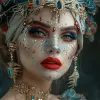 女人身上美丽的红色、蓝色和金色妆容，威尼斯场景风格，超现实的雕塑，深青色和白色，极光朋克--ar 1：2 --styminster 750 --v 6