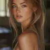 celebrity portrait of a beautiful woman with long light brown hair, wearing a backless outfit, looking over her shoulder at the camera, posted on snapchat, casual flirty smile, wearing her hair in a p