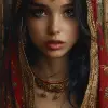 painting of a beautiful woman, in the style of realistic fantasy artwork, orientalism, crimson and bronze, ravencore, indian pop culture, women artists, paleocore --ar 1:2 --stylize 750 --v 6