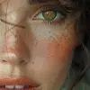 the face of a woman with brown eyes, in the style of yigal ozeri, light navy and light gray, patrick demarchelier, alayna lemmer, focus on joints/connections, caravaggism, studio light --ar 1:2 --styl