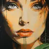 一幅注重细节的漂亮女人的彩色画作，采用理查德·菲利普斯（Richard Phillips）、谢泼德·费尔雷（Shepard Fairey）的风格，丝网印刷，深黄色和绿色，闪亮/光泽，马丁·安辛（Martin Ansin），平面设计海报艺术--ar 1：2 --styleum 750 --v 5.2