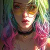 a colorful woman with colorful hair, in the style of martin ansin, light green and light emerald, akira toriyama, solarizing master, y2k aesthetic, dark pink and green, magali villeneuve --ar 1:2 --st