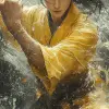 中国古代一位黑发、身穿黄色汉服的年轻武士在大雨中在海上作战，右手高举阻挡进攻，背景以乌云和强风为特色，营造出逼真的环境--ar 1：2 --styleston 750