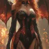 长着角和蝙蝠翅膀的美丽恶魔女人，玛加里·维伦纽夫风格的黑暗奇幻画，激烈而凶猛的面部表情，站在地狱火焰中央，全身人物概念艺术--ar 1：2 --styleston 750