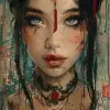 一幅亚洲女人的画作，严谨主义艺术风格，细致的设计，高度详细的插图，深色绿松石和红色，生锈的碎片，引人注目的标签，flickr --ar 1：2 --styleum 750 --v 6