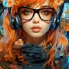 a girl with orange hair dressed in glasses, in the style of futuristic digital art, flowerpunk, shiny/glossy, dark teal and orange, charming characters, lively colors --ar 1:2 --stylize 750 --v 5.2