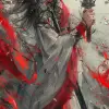 the girl is wielding a sword in the background, in the style of xiaofei yue, ethereal images, light white and red, colorful costumes, movie still, weathercore, dynamic and action-packed --ar 1:2 --sty