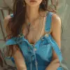 a young woman sitting down in blue overalls, in the style of oshare kei, neo-pop sensibility, wavy --ar 1:2 --stylize 750 --v 6
