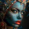 女人身上美丽的红色、蓝色和金色妆容，威尼斯场景风格，超现实的雕塑，深青色和白色，极光朋克--ar 1：2 --styminster 750 --v 6